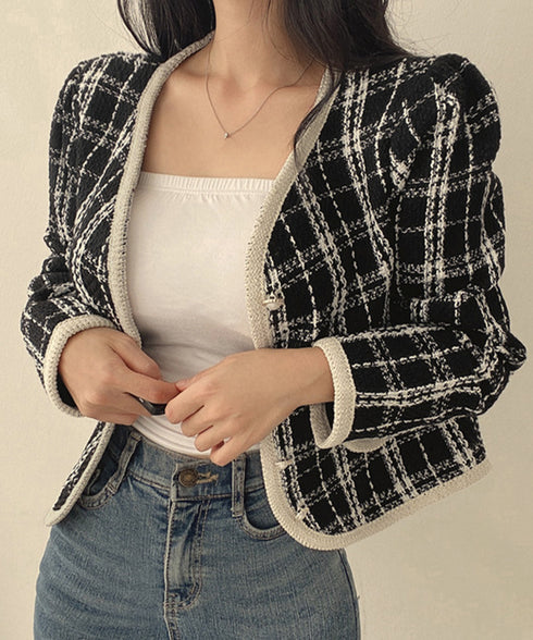 韓国風ツイードジャケット ライトアウター チェック柄ショートジャケットレディース カジュアル春秋上着 おしゃれ きれいめ 通勤服OL羽織り 着やせアウター 細見え 6QINGROU-002